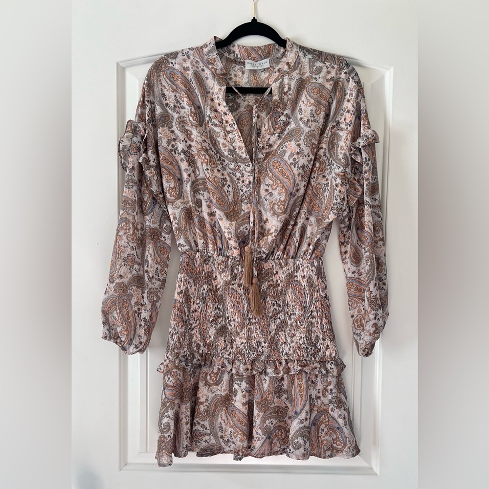 Dress Forum Small Dress Beige‎ Smocked Ruffled Tiered Lined Tassels Paisley